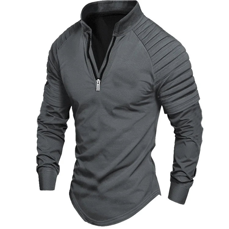 RNSHANGER New Spring Men's T-Shirts Casual Stand Collar Zipper Long Sleeve Sports Top Shoulder Pleated Solid Color Male T Shirts