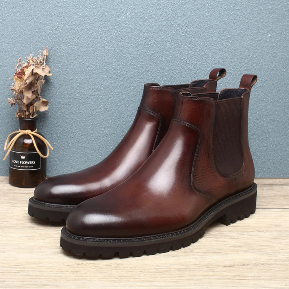 Classic Handmade Mens Chelsea Boots Add Fleece Lining Top Grade Cowhide Shoes for Men Work Shoes Winter Warm Christmas Gifts