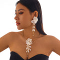 Charms Flower with Long Tassels Choker Necklace Stud Earrings for Women Trendy Lady Party Wear Accessories Fashion Jewelry Gifts