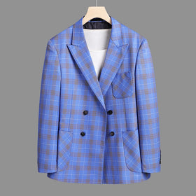 Fashion Casual Plus Size Men's Plaid Double Breasted Suit Jacket Korean Slim Striped Plaid Non Ironing Double Split Suit Coat