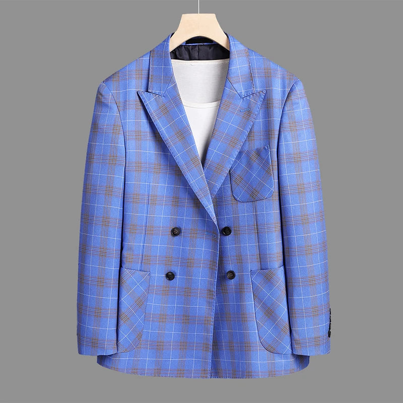 Fashion Casual Plus Size Men's Plaid Double Breasted Suit Jacket Korean Slim Striped Plaid Non Ironing Double Split Suit Coat