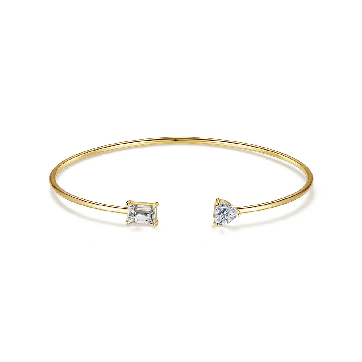 Simple 925 Sterling Silver Claw Setting Rectangle and Heart Zircon Open Bangle Bracelets for Women