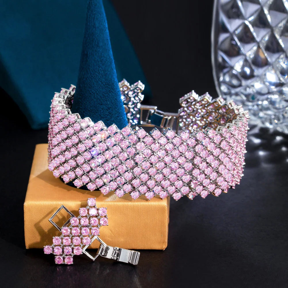Luxurious Stunning Multiple Pink Cubic Zirconia Stone Large Cuff Wedding Party Bracelet Bangle for Women CZ Jewelry Gift