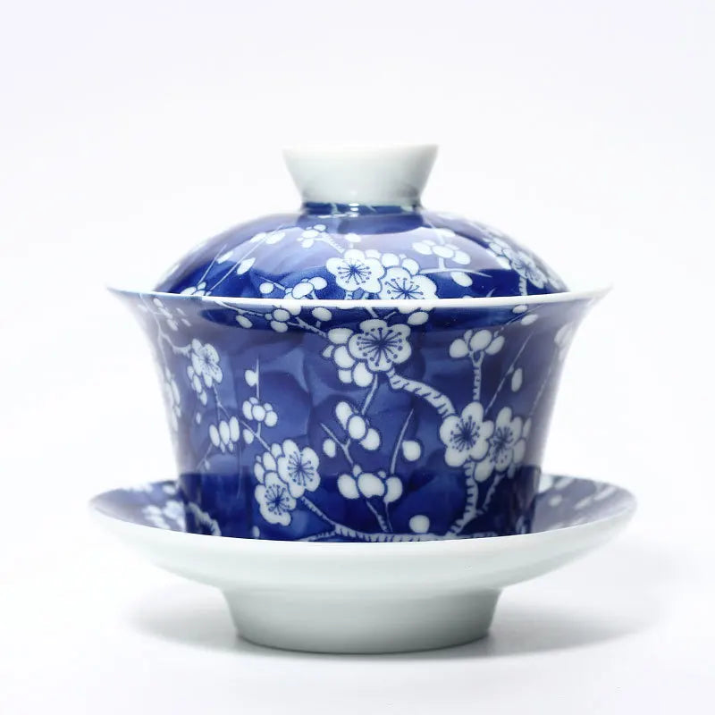 Blue and White Blue  Prunus Mume Tureen Ceramic Gaiwan Tea Bowl Kung Fu Tea Set Bowl Tea Gift