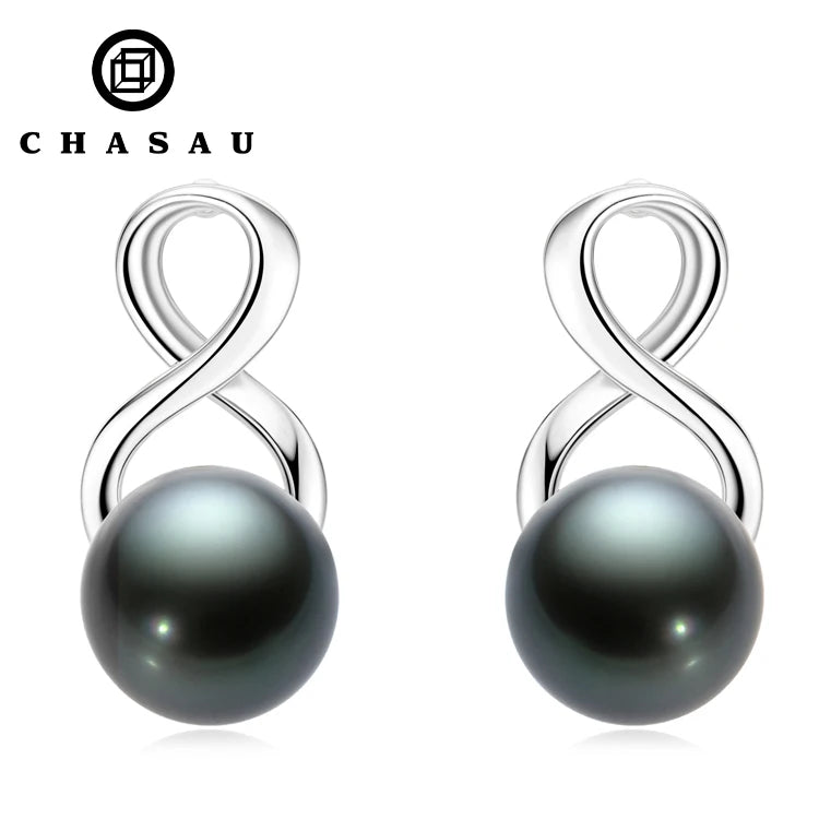 Latest Design Promotional 925 Sterling Silver Natural Tahitian Black Pearl 7.5-8mm Infinite Fashion Earrings