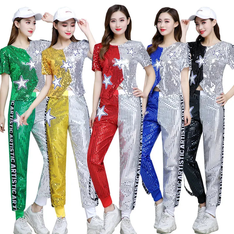 Jazz Dance Performance Costume Splicing Female Adult Modern Dance Student Cheerleading Sequin Pants Performance Costume