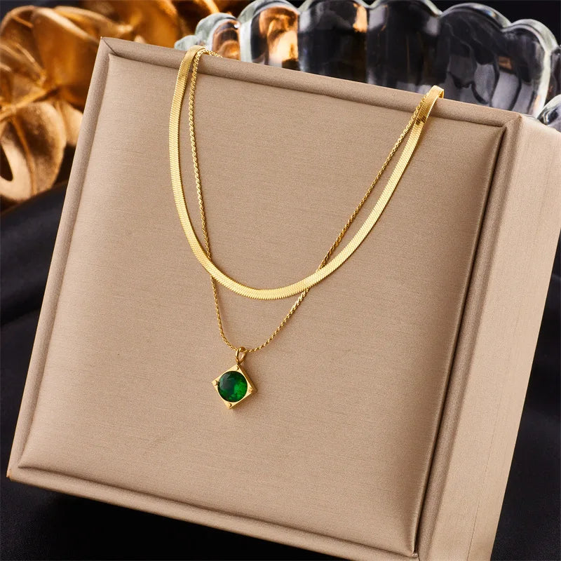 Nabest Women's Trendy Stainless Steel Square Emerald Pendant Necklace Waterproof Gold Plated Layers Clavicle Choker Jewelry