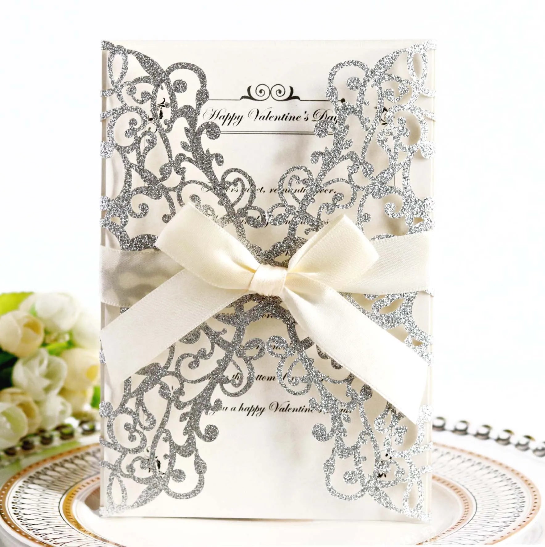 Custom Hollowed Laser Cut Wedding Invitation Card Glitter Paper Design Thank You Card Festival Blessing Greeting Card