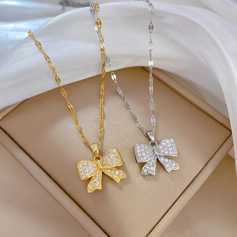 Fashion Bling Butterfly Pendant for Women 18k Gold Charm Crystal Jewelry Stainless Steel Necklace for Women Girls
