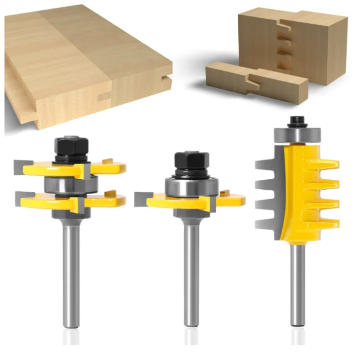 L-N004-6  2pcs Tongue and Groove Router Bit Set 1/2" X 1/4" & 1pc Finger Joint Router Bit Set - 1/4" Shank and 6mm Shank