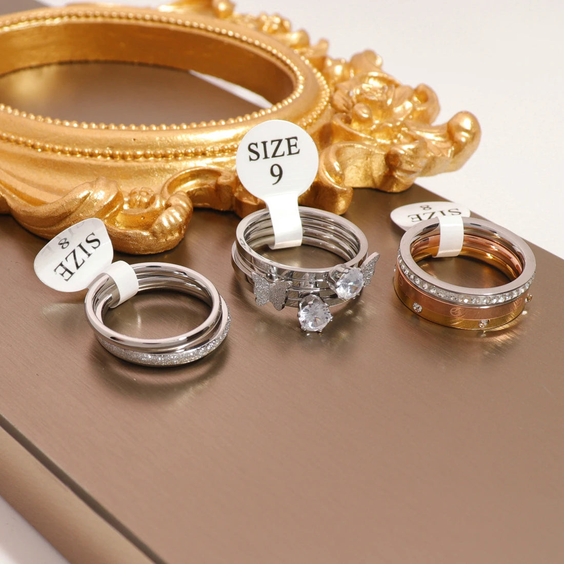 14K 18K Gold Plated Women Spinning Classic Design Geometric Custom Shell Stainless Steel Stone Rings