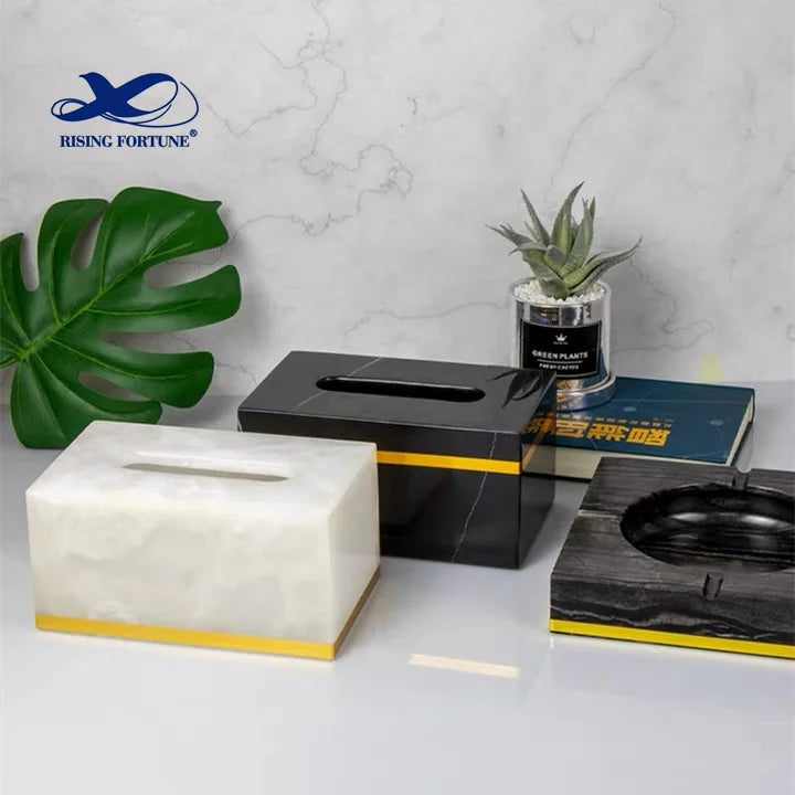 Luxurious White Stone Marble Tissue Box Cover Box Brass Gold Inlay Napkin Holder for Table Decoration Home Office Bathroom Set
