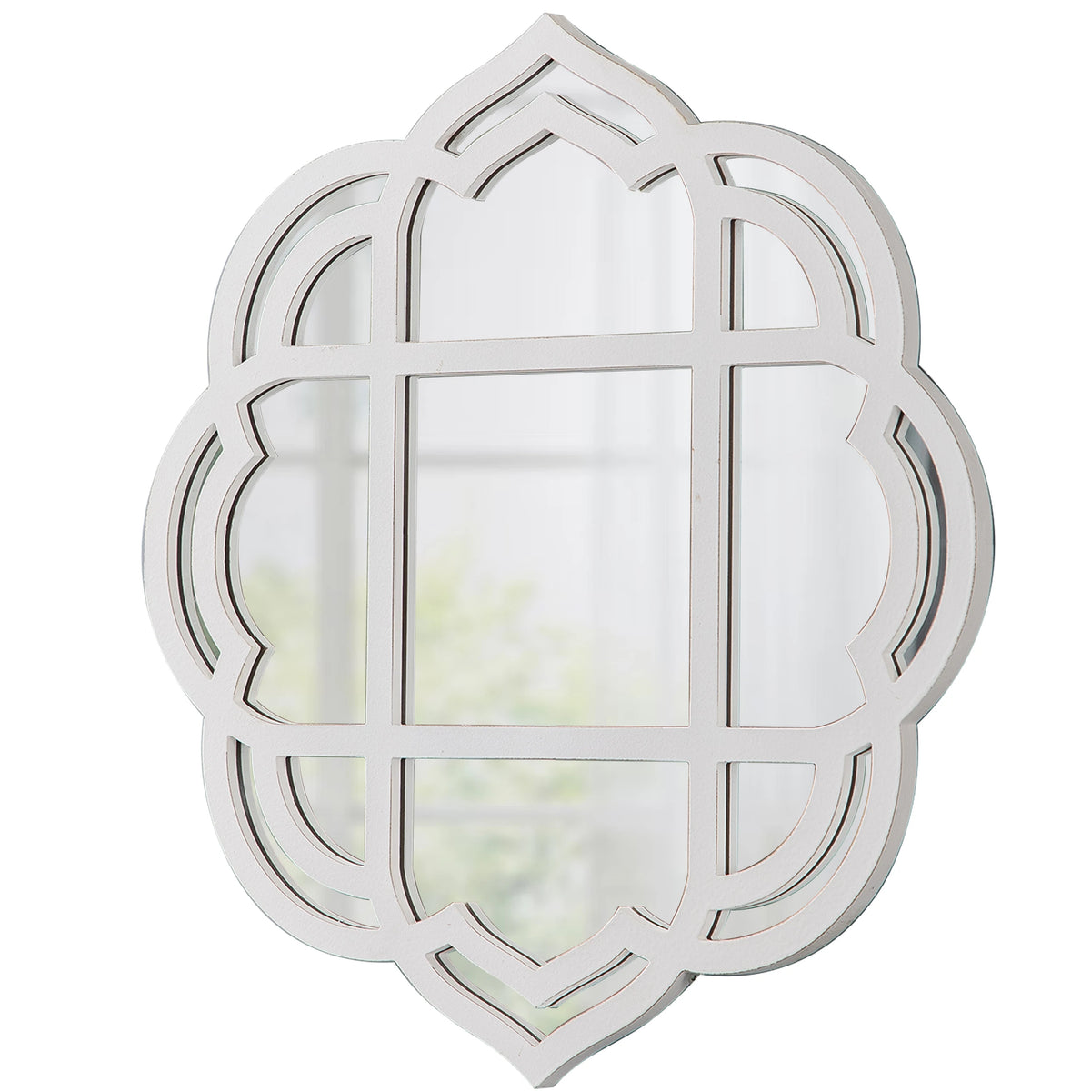 Farmhouse Handmade White Luxury Decorative Wood Bath Mirrors Espejo Rustic Wood Frame Flower Shape Scalloped Hanging Wall Mirror MegaBDM