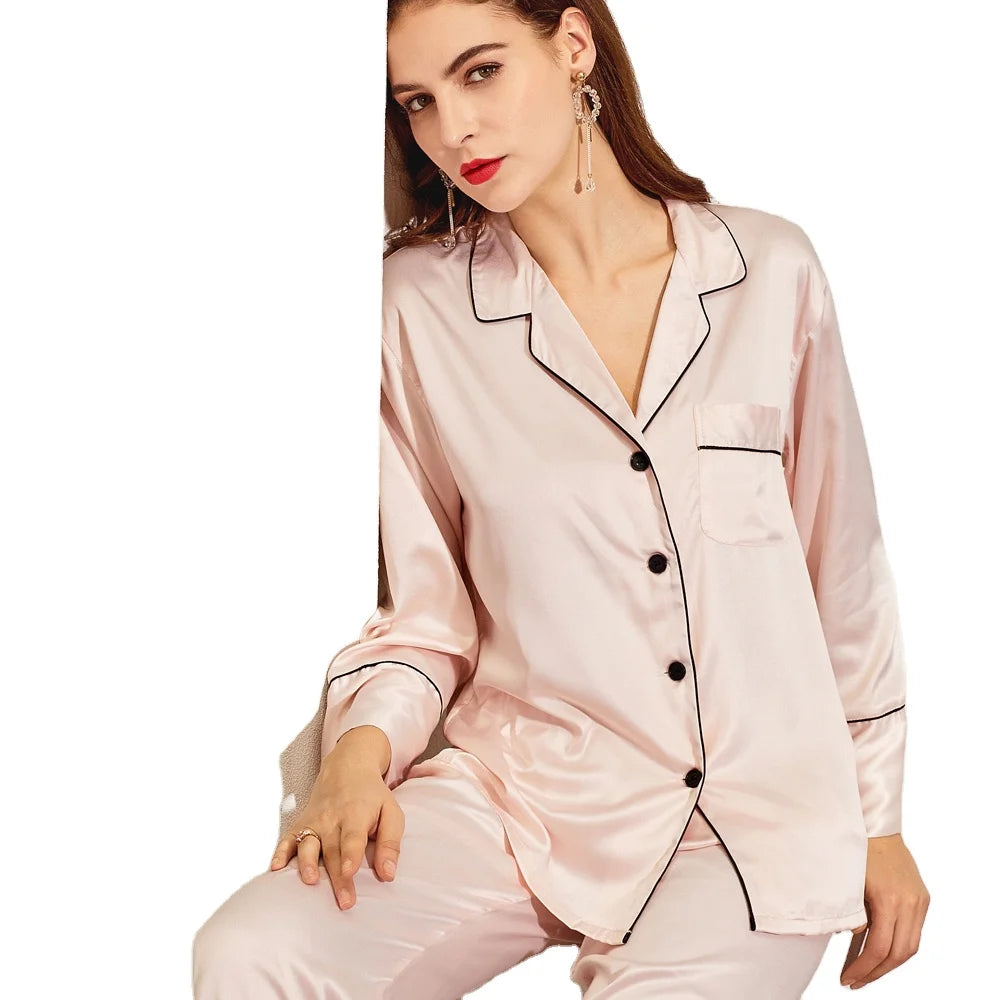 Fung 6001 Long Sleeve Pajama Wholesale Women Pajama Sets Long Matte Satin Silk Pajamas for Women Set Cheap 2 Pieces Suit