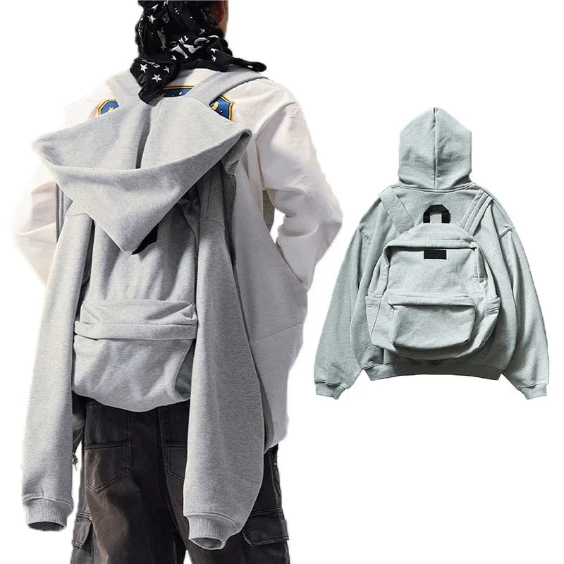 Men's Creative Backpack Style Hoodie Oversized Deconstructed Zip up Sweatshirt Streetwear Casual Outerwear