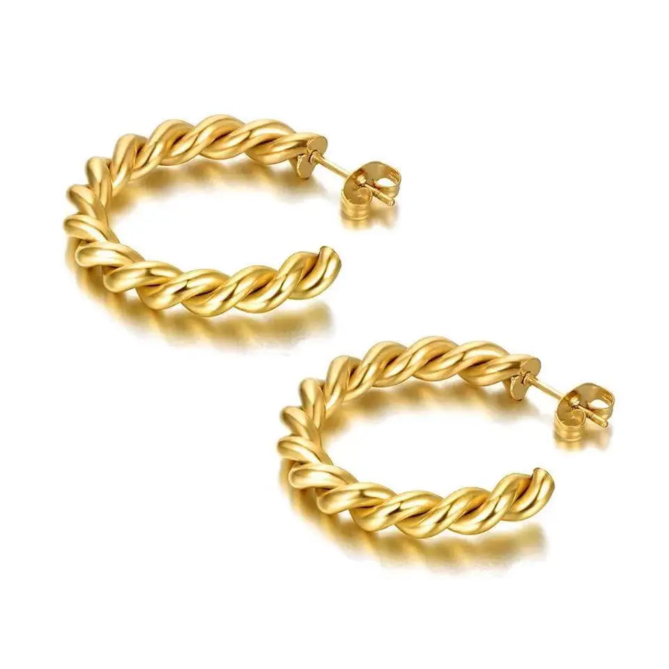 QUSEDINY New Arrival Trendy Hoop Earrings Waterproof Gold Plated Stainless Steel CC Cable Twist Rope Fast Shipping