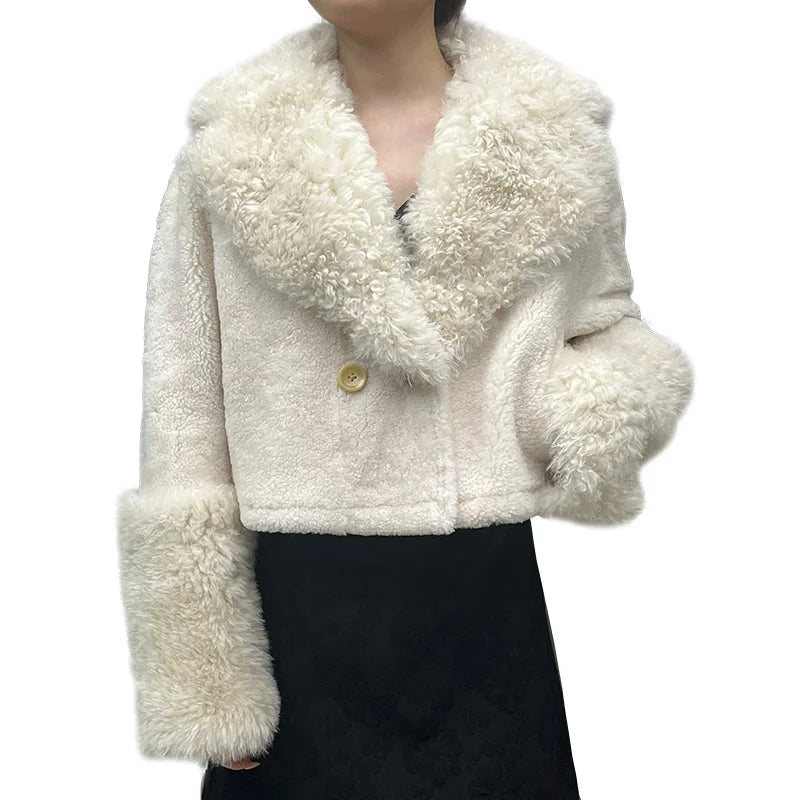 Winter Adorable Big Fur Collar Cuffs Leather Fur Jacket Women Short White Genuine Shearling Coat