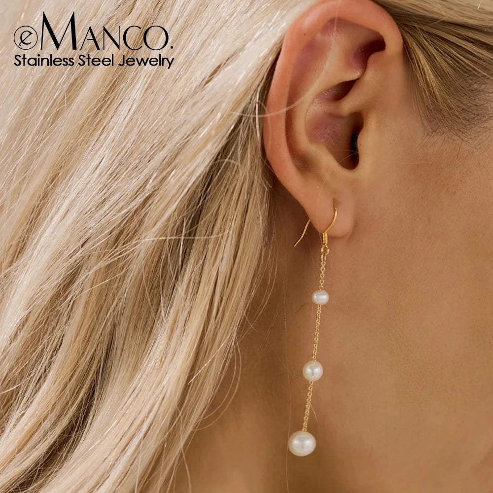 EManco Fine Natural Freshwater Pearl Drop Earrings 14K Gold-Plated Stainless Steel Accessories Women's Jewelry Factory Outlet