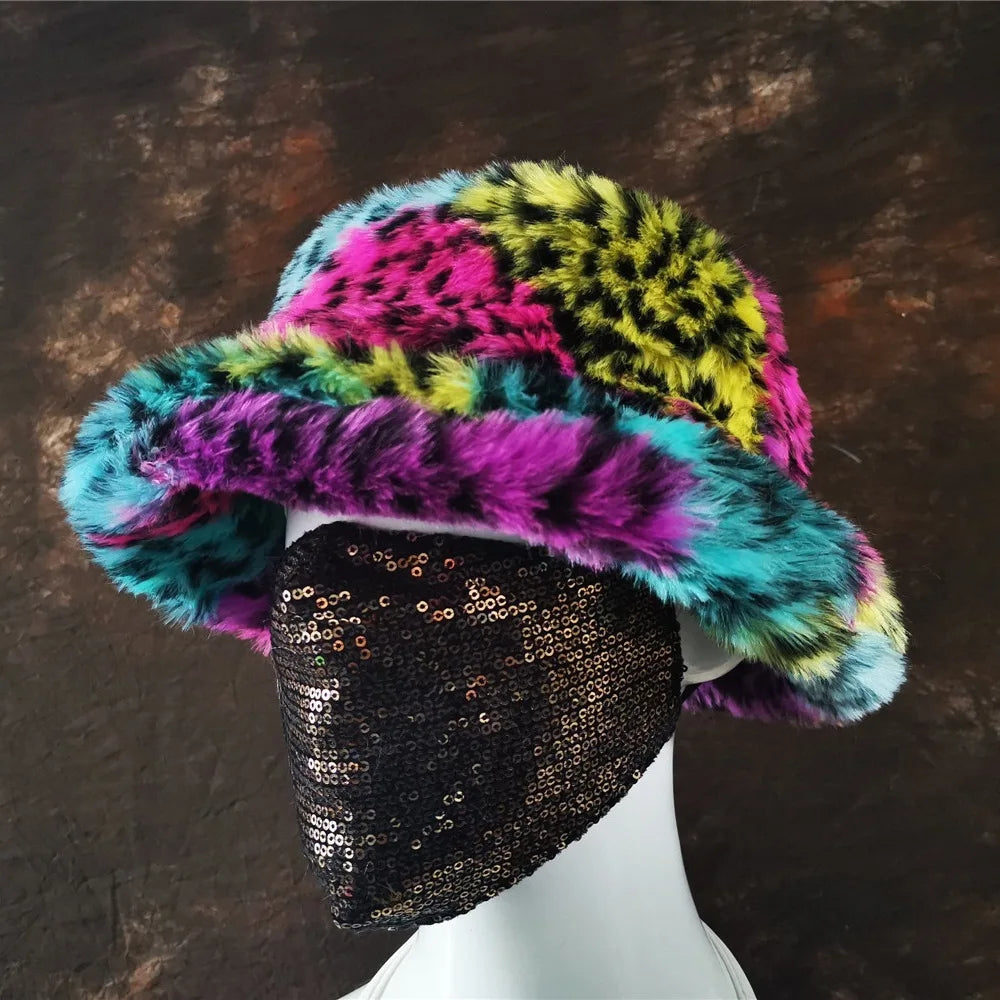 New Design Winter Trendy Faux Fox Fur Bucket Hat High Quality Printed Pattern Fluffy Hat for Men Women