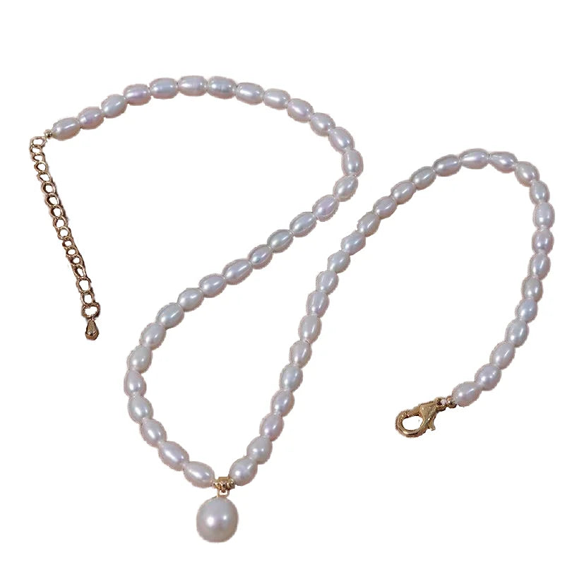 Simple White Fashion Pearl Necklace Color Real Natural Freshwater Pearl Necklace Personality Ins 5mm Rice Bead Pearl Necklace