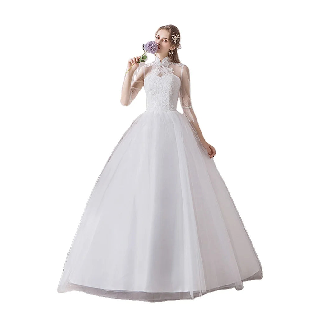 Modern Lace Embroidery Floor Length Long Sleeve Wedding Dresses with Floral Print Draped Back for Maternity