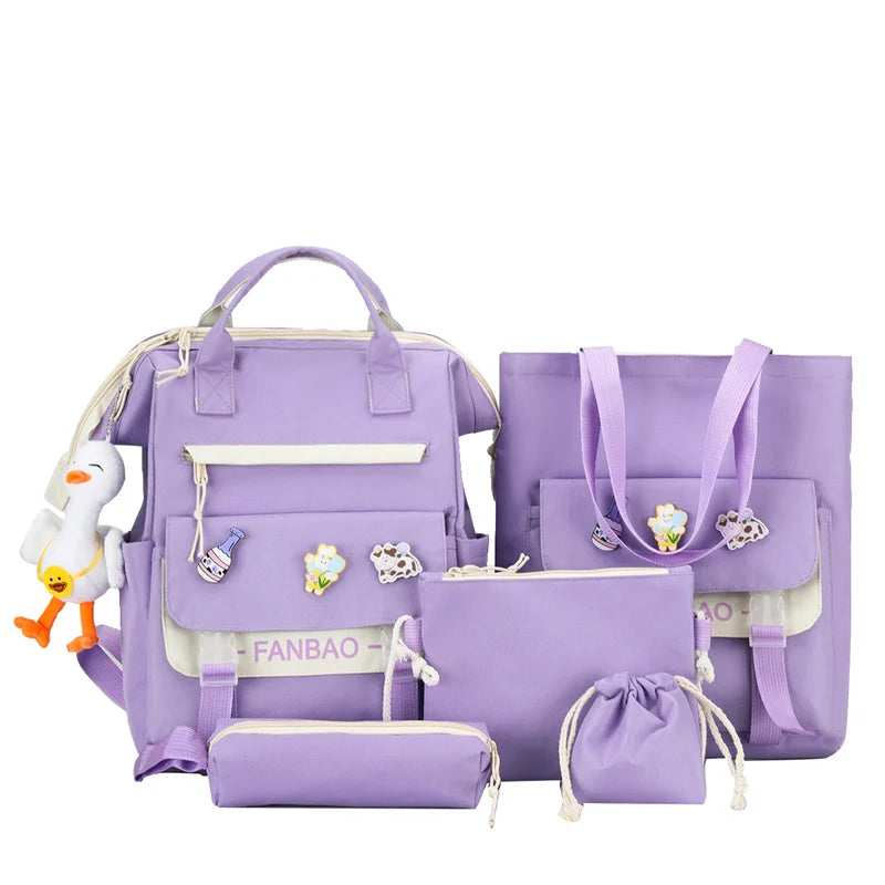 Super September Offers Fashion Zipper Letter Pattern 5 Pcs Student Backpack Boys Girls Nylon Travel School Backpack Set