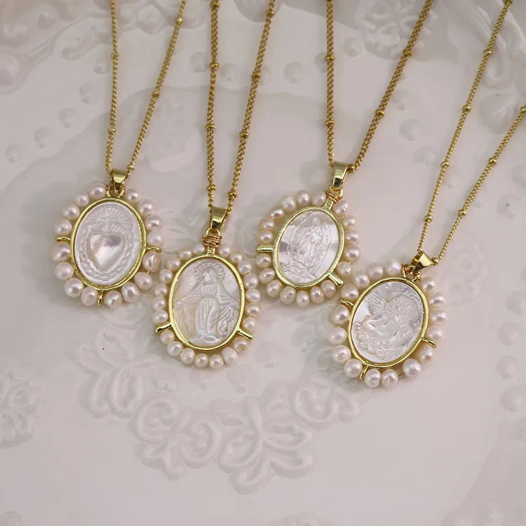 Non-Tarnish Gold Stainless Steel Satellite Chain Pearl Wire Wrapped Mother of Pearl Virgen De Guadalupe Virgin Mary Necklace