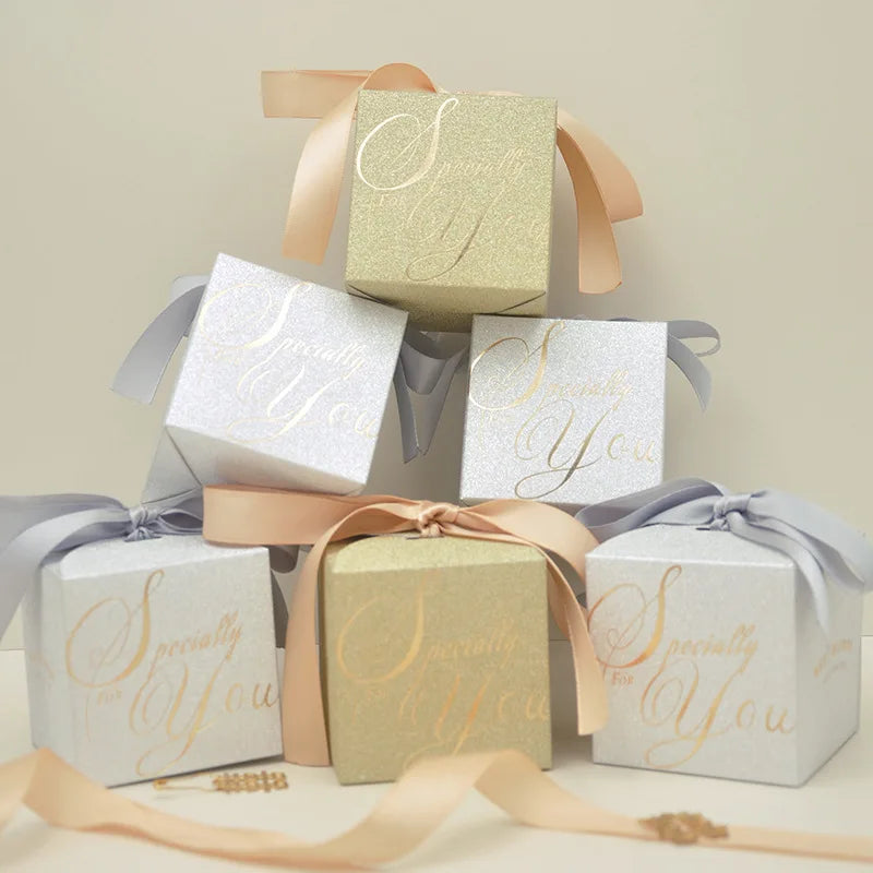 Gold Silver Folding Paper Gift Box With Ribbon Square Packaging Small Chocolate Box Wedding Candy Box
