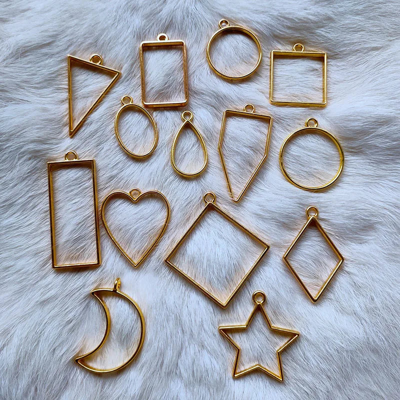 Geometric Hollow Charms Open Bezel Pendants Pressed Flower Frame Charm Blanks Gold Plated Alloy Classic