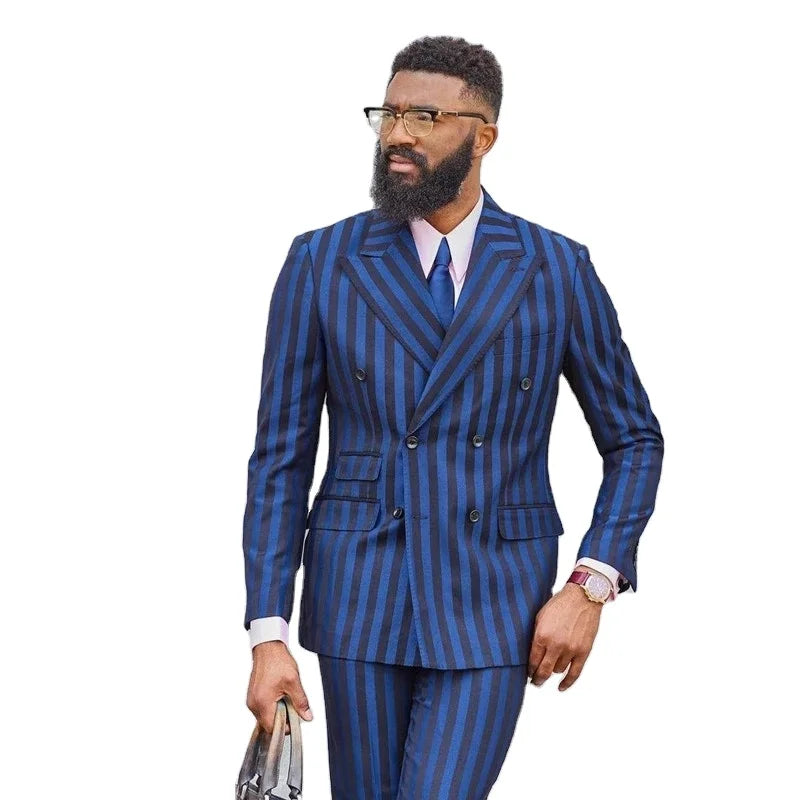Men Suits Latest Tailored Black and Blue Vertical Stripe Double-breasted Wedding Tuxedos 2 Pieces Groom Prom Wear