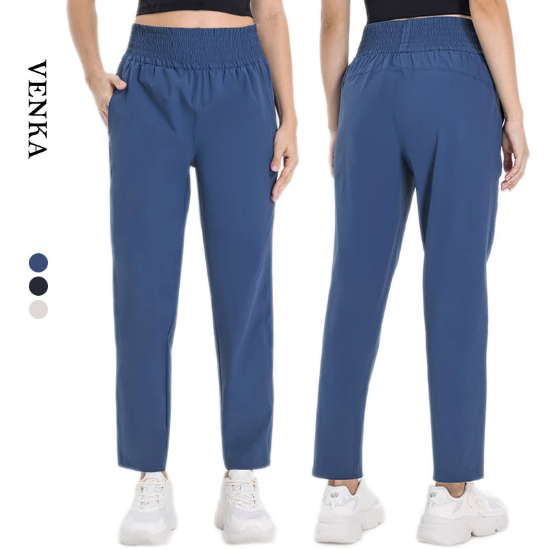 Girls Solid Skin-Friendly Slim Casual Trousers Gym Running Fitness Sportswear High Waist Straight Leg Yoga Pants Front Pockets