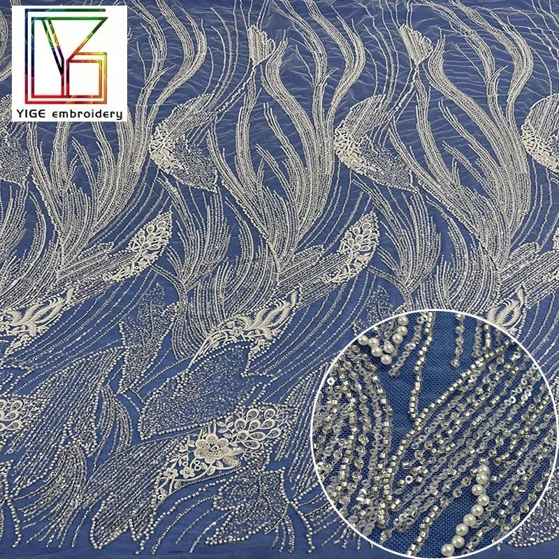 Luxury White Bridal Beaded Sequin With Pearl Lace Fabric High Density Beads Mesh Embroidery Wedding Lace Fabric for Dresses