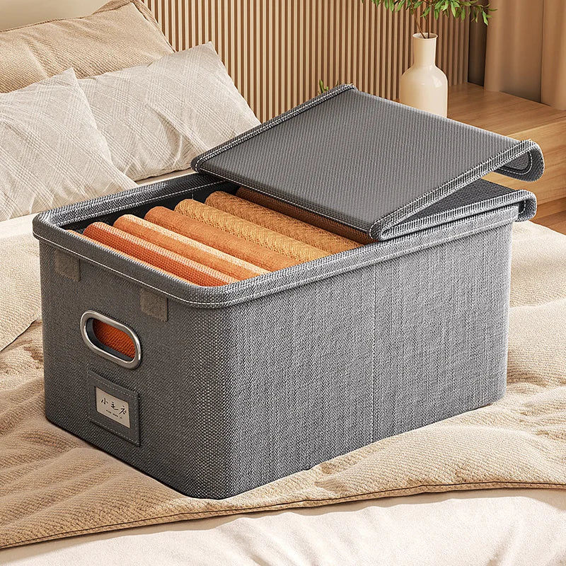 Collapsible Linen Storage Box with Lid Multifunctional Office Desk & Wardrobe Organizer Stackable Clothing Container Storage Bin