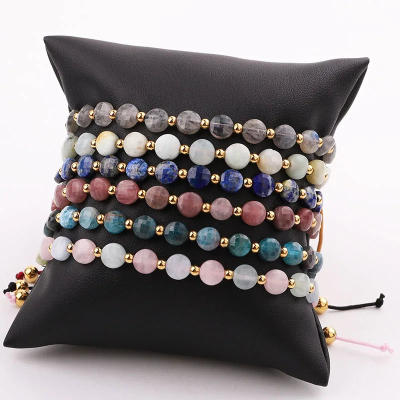 New Design Flat Faceted Natural Stone Small Stainless Steel Beads Custom Logo Gemstone Friendship Macrame Bracelet Women