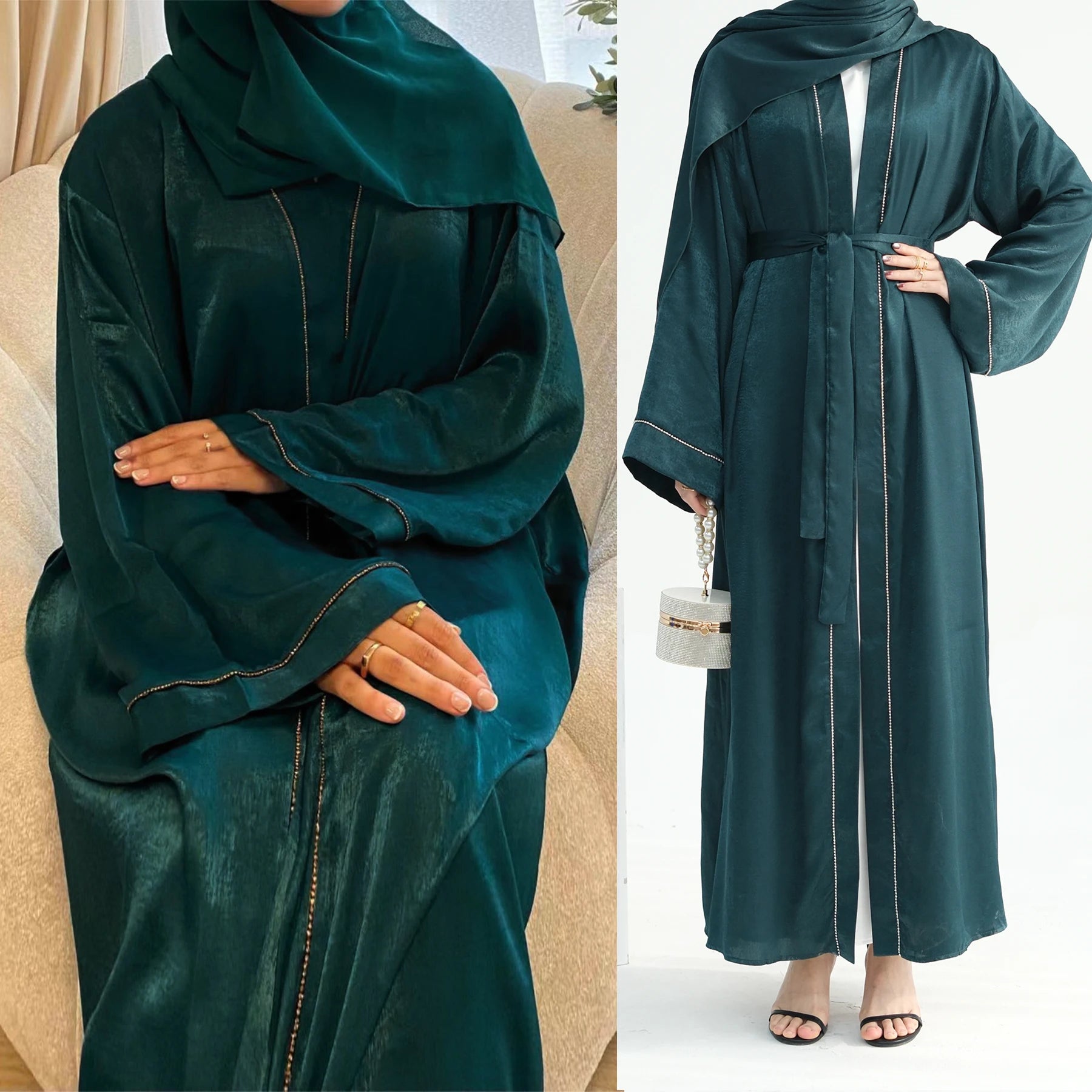 Loriya New Muslim Abaya Womens Clothing Diamond Shinny Polyester Open Abaya Modest Dress Abaya Frauen Muslimisches Kleid