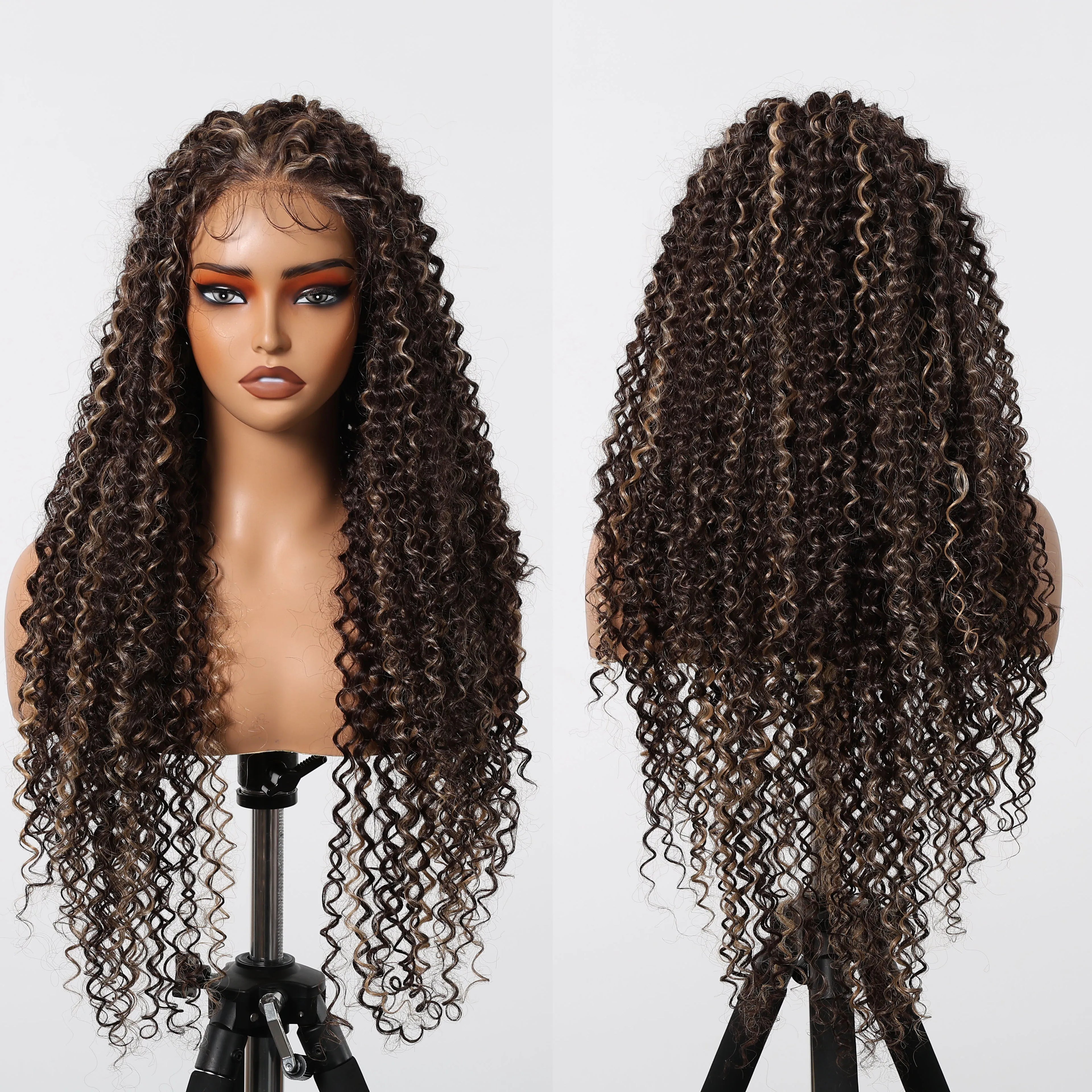 Long13x6 Lace Synthetic Wigs Dark Brown Highlight Curly Wig for Black Women Natural High Density Daily Use
