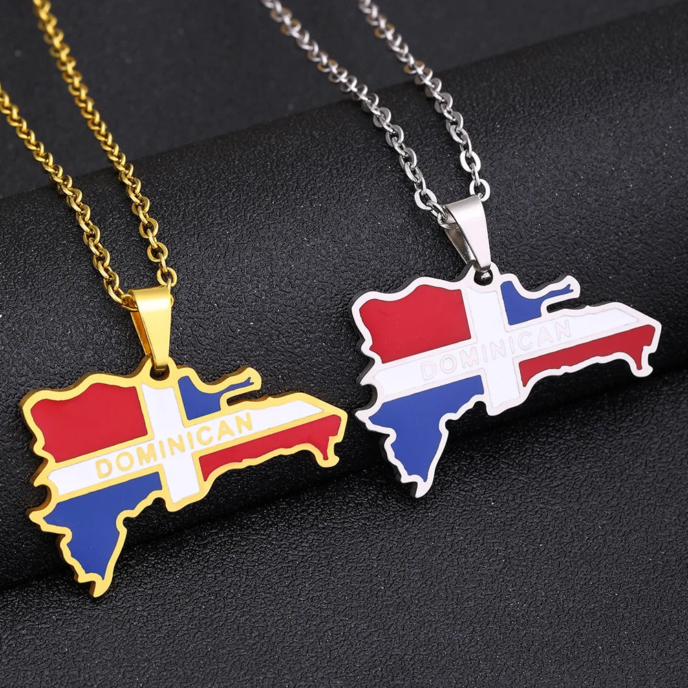 18K Gold Plated Stainless Steel Link Chain Necklace Manufacturer's Enameled Dominican Flag Map Pendant