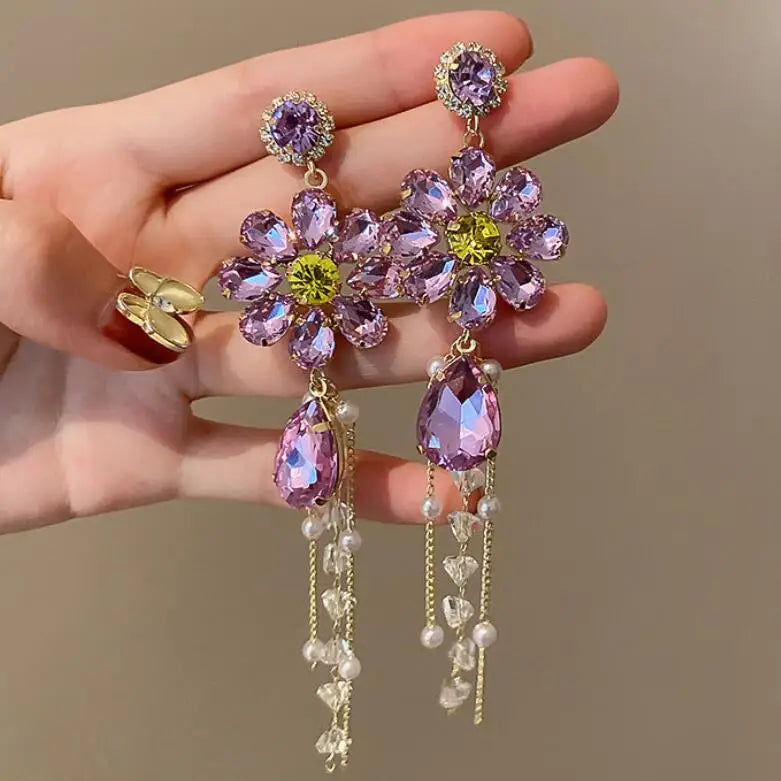 2024 New Korean Style Summer Purple Blue Flowers Drop Earrings for Women Long Tassel Water Drop Crystal Dangle Earrings Jewelry