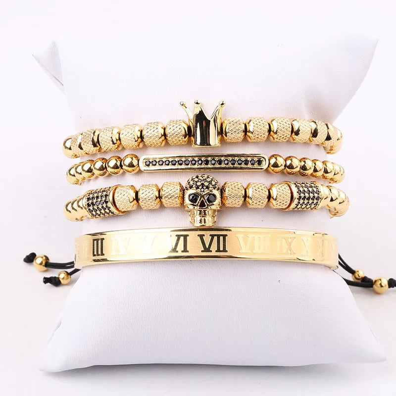 New Design Luxury CZ Crown Skull Charm Stainless Steel Beads Macrame Bracelet Set for Men JBS11819
