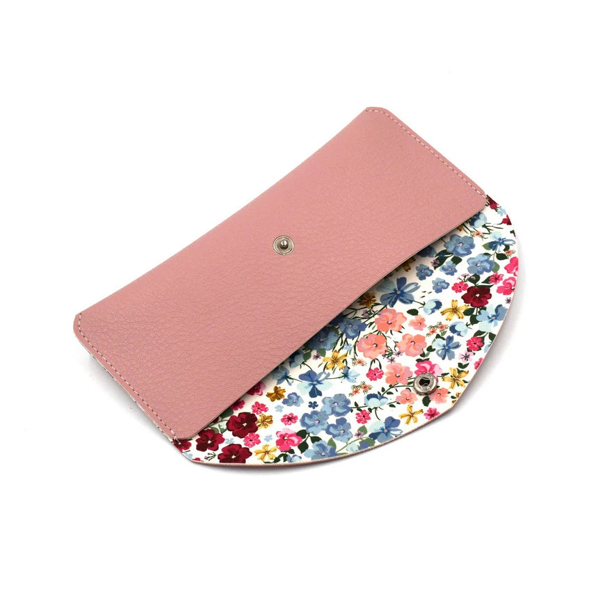 Pink Pattern Inside Leather Glasses case with Snap Closure