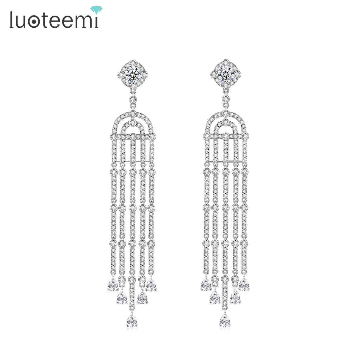 LUOTEEMI Luxury Rhodium Plated Zircon Stone Long Tassel Design Women Bridal Wedding Dangle Earrings