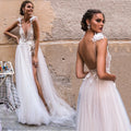 13142#Spaghetti Straps Sexy Deep V-Neck Beach Bohemian Lace Backless 2022 Sleeveless Sweep Train Split Wedding Dress Bridal Gown