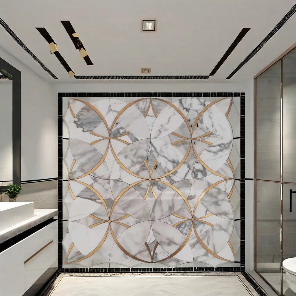 Modern Polished Parquet Flower Shape Natural Stone Carrara White Marble Mosaic Tile Interior Hotel Mall Wall Art