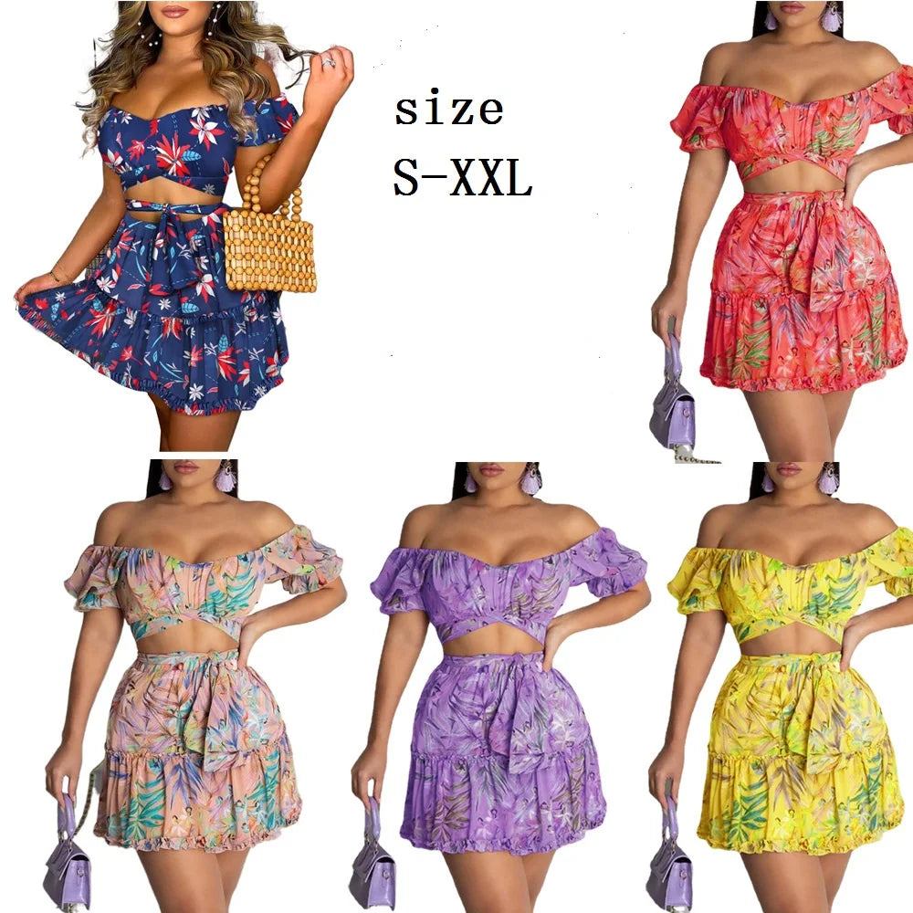 Women Off Shoulder Floral Print Top & Frill Hem Skirt Set Ruffle Tie Vacation Casual Cute Clothing 2PCS Floral Wrap Hip Skirt