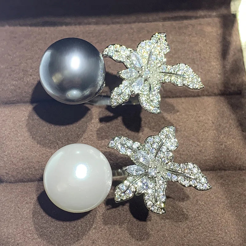 CAOSHI Wholesale Price 925 Silver Plating Women Opening Grey White Pearl Adjustable Free Size Flower Cocktail Rings Design
