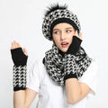Warm Fashion Pattern Fur Pom Pom Custom Knitted Winter Berets Hats Scarf Gloves and Hat Set
