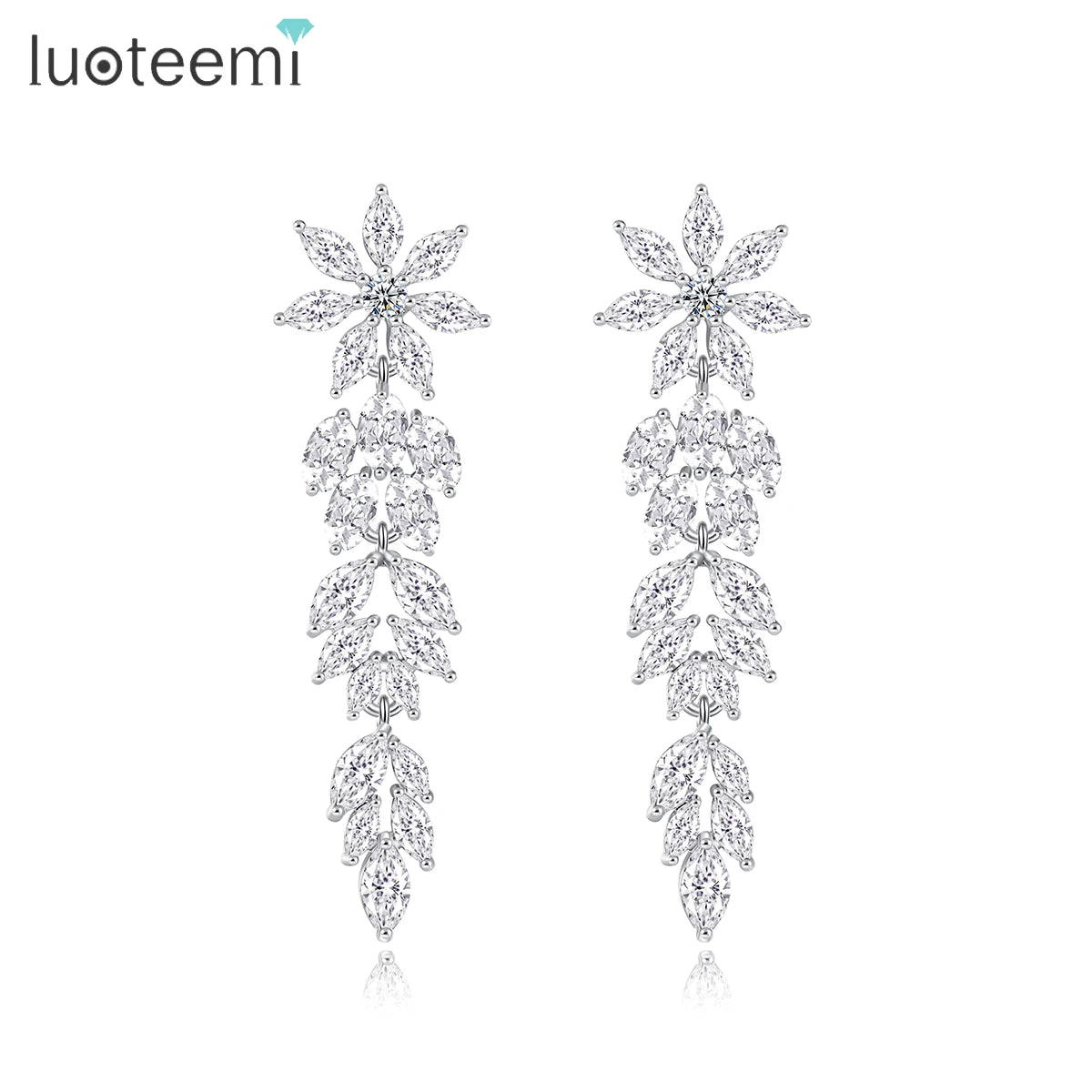 LUOTEEMI Fashion Ice Cz Designer Wedding Earing Zirconia Zircon Long Flower Jewellery Fancy Earring Jewelry