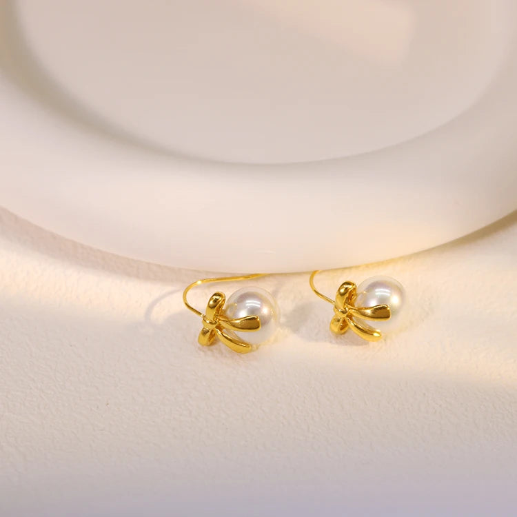French Romantic Trendy Earrings 18K Stainless Steel PVD Gold Plated Butterfly Knotted Glass White Bead Accessories Waterproof