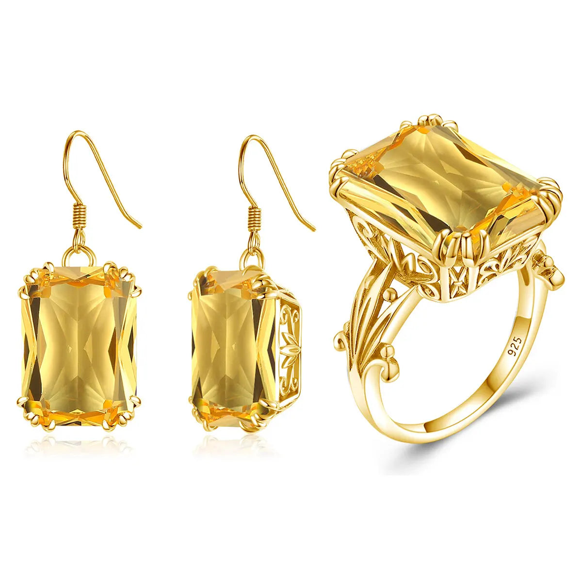 Fine 925 Silver 24K Gold Plated Citrine Yellow Gemstone Rings Earrings Sets Women Jewelry Set Gift
