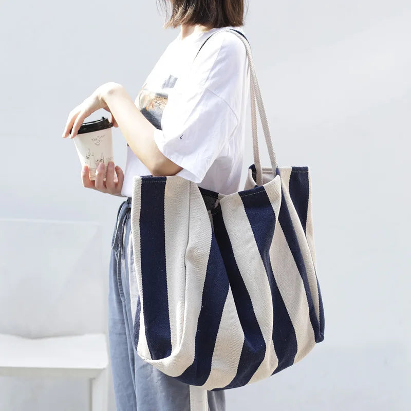 Heavy Duty Larger Canvas Tote Bags Stripe Design Long Handle Eco-friendly Canvas Beach Lady Shopping Bags Wholesale